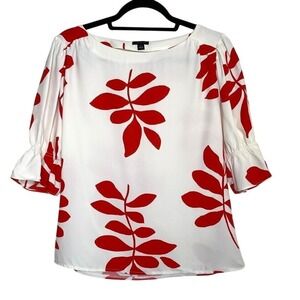 Ann Taylor White Red Leaf Print Top 3/4 Sleeves Ruffle Cuffs Womens S Classic